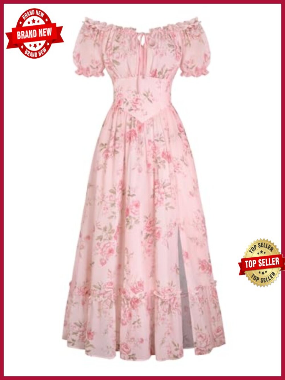 Floral Corset Midi Dress Flowy A-Line Puff Sleeve Square Neck